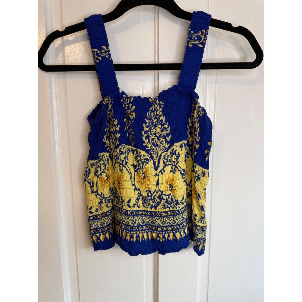 Magic Women Blue Yellow Floral Paisley Smocked Tank Top Crop Cami Small